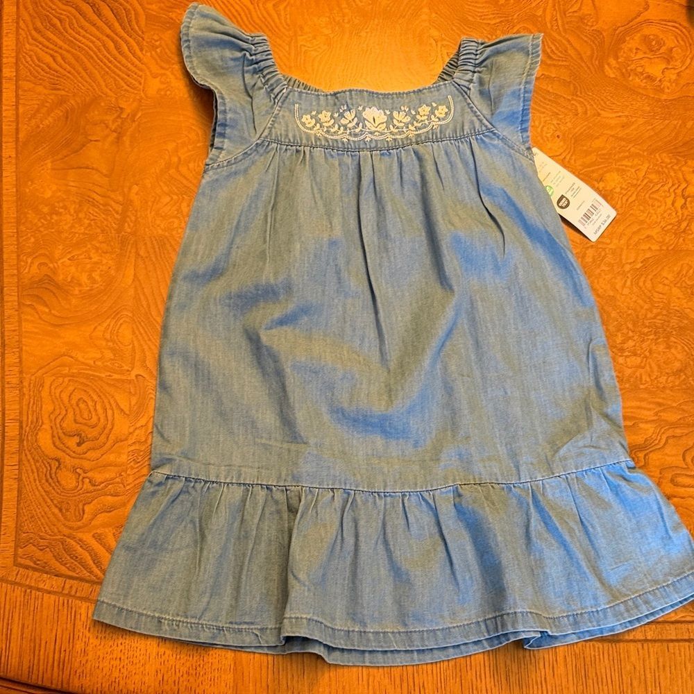 Carter's Light Blue Chambray Ruffle-Hem Dress with Embroidered Floral Design